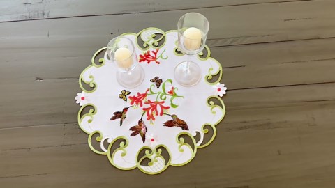 Linens, Art and Things Decorative Hummingbird Table Doily, White with Green Border, Embroidered Floral Design (15 Inch Round)