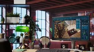 Architectural design 3D modeling program on computer screen showing rendered apartment interior design project. CAD software used for making home floor plans and virtual furniture