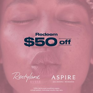 Are you an ASPIRE Galderma Rewards member yet? Register today and learn how you can receive $50 off your next Restylane Kysse treatment.*​ .​ .​ .​ *Terms and conditions may apply.​ ​ The most commonly observed side effects include swelling, redness, pain, bruising, tenderness, lump formation, and itching at the injection site. To learn more about serious but rare side effects and full Important Safety Information, visit www.RestylaneUSA.com. | Restylane USA