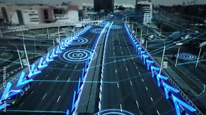 Futuristic smart traffic of self-driving driverless cars moving through an city junction. Remote control by artificial intelligence, safe roads transportation of the future. Sensor scanning road, 4k.