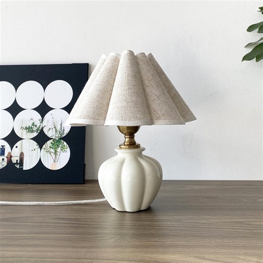 Handmade Ceramic Table Lamp With Linen Pleated Shade, Bedside Table Lamp, 3 Way Light, Vintage Nightstand Lamp - Etsy