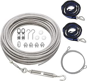 XiaZ 100FT Runner Cable for 2 Dogs, Dog Tie Out Cable for Small, Medium, Large Dogs up to 200lbs，Dog Runner Lead for Yard, Camping, Outdoor, with 8 Ft Nylon Bungee Runner