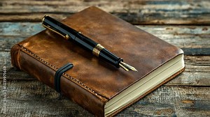 A leather-bound journal with a fountain pen resting on top, ready for writing