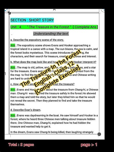 The Treasure In The Forest Class 12 Exercise and Summary | Analysis in English | simple answer |#neb