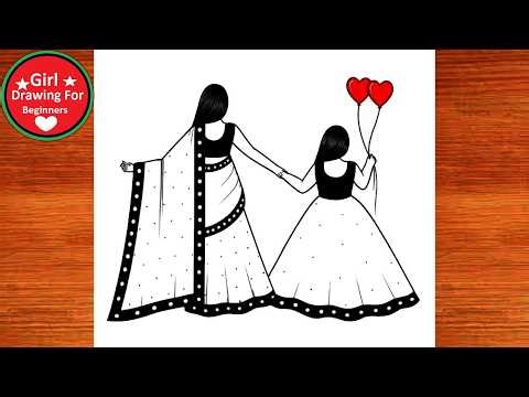 Mothers Day Drawing Easy For Beginners / How to Draw Mother and Daughter Step by Step For Kids !