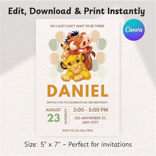 Lion King Birthday Invitation: Editable Party Invite 5x7, Canva Template, Digital Download - Etsy