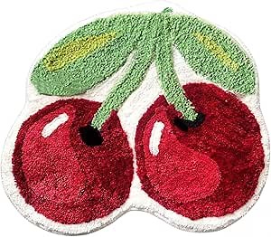 Lupidyyxun Cherry Bath Mat for Bathroom, Non Slip Cute Bath Mats Fruit Shaped Absorbent Bath Rugs Bathroom Tub Plush Shower Rugs Washable Carpet for Kid's Room (Cheery)