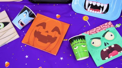 Halloween Party Supplies Kit for 24 Guests - Halloween Design with Disposable Dinner & Dessert Plates, Napkins, Cups, Tablecloth, and Banner -for Birthday Party Decorations