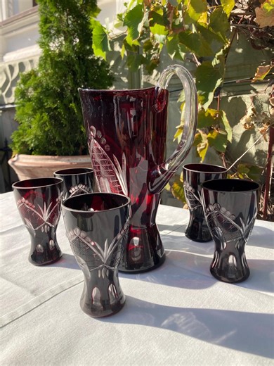 Vintage Rubin Glass Pitcher Set: Czech Bohemian Red Glass Jug & Glasses - Etsy Canada