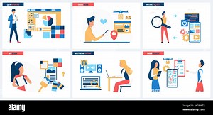 Data report, social media and multimedia, mobile app design development set vector illustration. Cartoon tiny people delivery order to customer, develop and search online content with magnifying glass Stock Vector Image & Art - Alamy