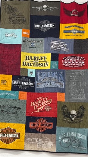 This Harley-Davidson T-shirt Quilt breaks the rules - you know the one: all the blocks are square, all the blocks are laid out in rows and column and iron-on interfacing is on the back of T-shirt block. Well not in this quilt. The shirts are all different sizes, making it a true puzzle-style quilt. And there is no interfacing. Why not? It's not needed! If your Harley shirts deserve something cooler than a box in the closet, we can turn them into a quilt that roars with personality. #TShirtQuilt 