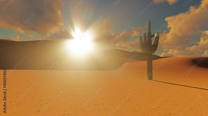 Animated realistic desert sunrise with god rays and cactus. HQ animation in 4K resolution.