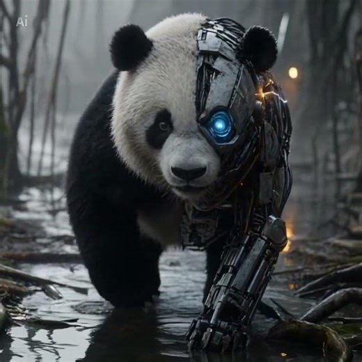 Glitching Half-Cyborg Panda Walking (Realistic Leak & Spark)