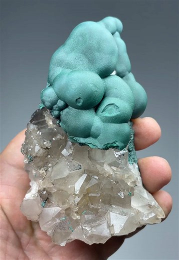 MALACHITE WITH QUARTZ https://www.weinrichmineralsinc.com/products/malachite-with-quartz-9506648.php SPECIMEN NUMBER: 9506648 LOCATION: Mindingi mine, Kambove, Haut-Katanga, DR Congo DESCRIPTION: Attractive velvety chatoyant green botryoidal crystallized malachite across the top of this quartz crystal matrix. The quartz crystals are lustrous and highly translucent, and measure to 1.5 cm in size. In good condition. SIZE: 12.0 x 7.0 x 3.5 cm (cabinet) $1000.00 Special Sale $700.00 Free Shipping Pl
