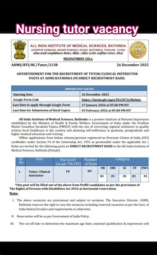 Nursing tutor vacancy aiims Bhatinda @career-connnect #nursingofficeronline #healthcarejobs