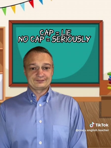 Cap? No cap? Chair doesn’t care 🧢✨Slang of the Day: Cap / No Cap “Cap” = lie “No cap” = seriously No cap… The Crazy English Teacher just gave detention to a chair. 😇: “It means you’re being honest.” 🤪: “I ate a cap once. It tasted like lies.” #crazyenglishteacher #slangtime #capornocap #nocap #learnenglishwithhumor #englishslang