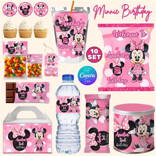 Minnie Mouse Birthday 10 Party Favors, Minnie Birthday Printables, Chip Bag, Capri Sun, Water Bottle, Gable Box Label, Minnie Birthday Favor - Etsy