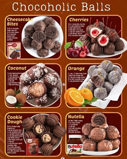 🍫🍊 CHOCOHOLIC BALLS — 6 IRRESISTIBLE BITES FOR TRUE CHOCOLATE LOVERS! ❤️🍒🥥🍊🍪 Calling all chocoholics! 😍 These no-bake chocolate treats are bite-sized bursts of joy — rich, creamy, and totally addictive. Whether you’re into cheesecake, cherries, coconut, citrusy orange, cookie dough, or Nutella, these Chocoholic Balls will steal the spotlight at every party (and disappear fast!). Perfect for Christmas platters, dessert buffets, or cozy nights in. 🍰 1. Cheesecake Bites Flavor: Creamy, tang