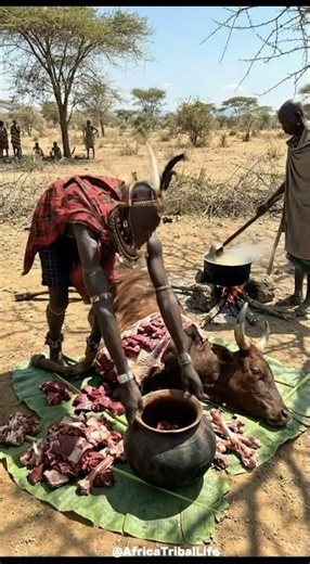 GIANT Zebu Feast Prep 🐂🔥 | Karamojong Tribe #triballife #tribalfood #shorts