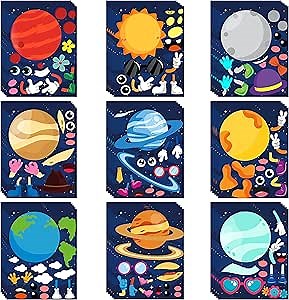 WATINC 45pcs Make Your Own Planet Stickers Games, 9 Planets Solar System Birthday Party Favor Stickers for Kids, DIY Outer Space Make a Face Sticker for Children, Craft Kit Toy for Kids Party Supplies
