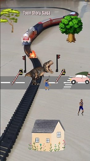 T-Rex roars near the railway crossing and the train is approaching fast | Dinosaur enters city