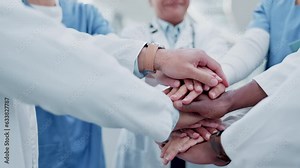 Doctors, nurses and hands together for teamwork, healthcare success and hospital motivation in team building. Medical professional, circle or group of people stack, mission and solidarity for clinic