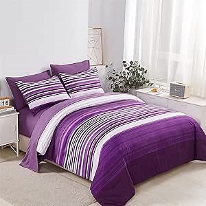 KAKIJUMN 5 Piece Bed in a Bag Stripe Comforter Set Twin Size, White and Purple Patchwork Striped Comforter and Sheet Set, All Season Soft Microfiber Complete Bedding Sets(Purple,Twin)