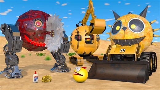 Pacman vs Bobcat robot and two-legged saw robot