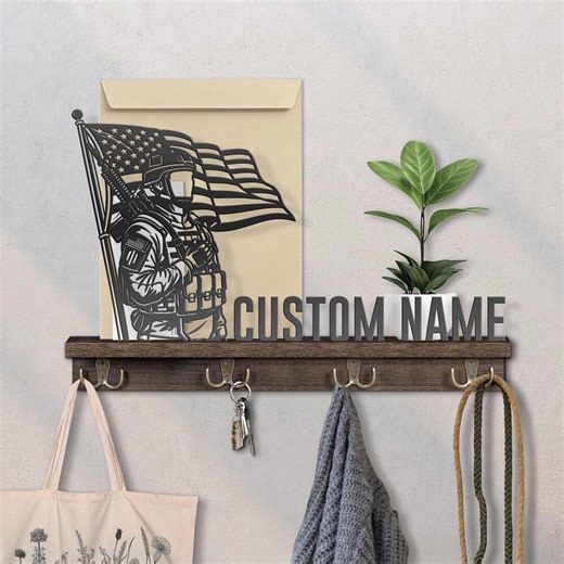 Personalized Soldier Under US Flag Key Holder, Wood Wall Organizer With Mail Sorter - Etsy