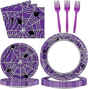 Qyeahkj 100PCS Spiderweb Party Plates and Napkins Purple Spiderweb Tableware Set for Halloween Theme Party Decor Serves 25