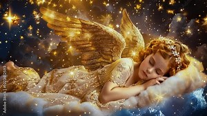 Sleeping angel on white clouds in heaven. Beautiful girl with wings in starry sky dreaming fantasy 4k video. Universe with galaxy colorful
