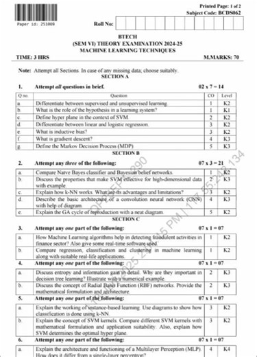Machine learning techniques 2024-25 question paper| Aktu | BTech 3rd year