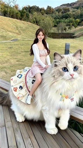 Giant Ragdoll Ride: Sweet Beauty on Cat's Back in Sunny Meadow!