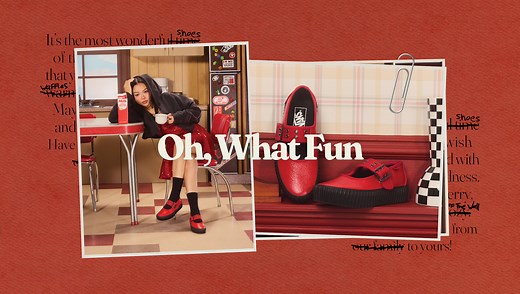 Red background with polaroid placed in the middle with a picture of someone wearing Vans Old Skool in navy and white. Text reads "30% off almost everything"