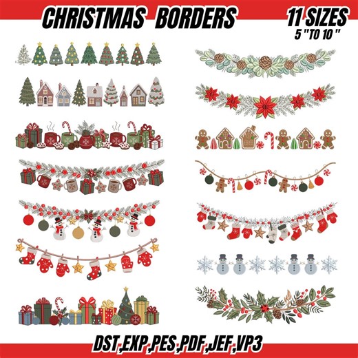 Christmas Borders Embroidery Designs: Holly, Bells, Trees, Snowmen, Gingerbread Borders (digital Download) 11 Sizes - Etsy Ireland