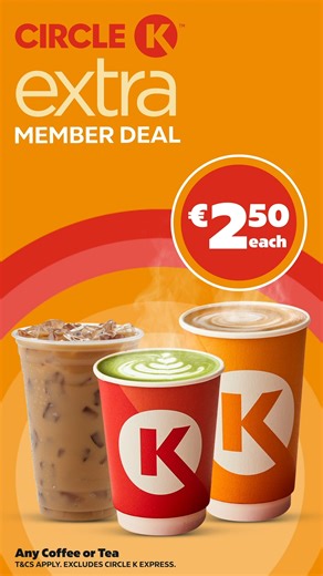Circle K Extra Members, have we got a deal for YOU! 🎉 Ready for a caffeine kick or a cool, refreshing drink? ☕️🥤 Scan your app in-store and get ANY dispensed beverage – Coffee, Iced Coffee, Matcha, or Tea of any size – for just €2.50! That’s right - ANY size. Yep, you heard us right! 😎 It’s time to sip, save, and enjoy your favorite drink on the go. 🏃‍♂️💨 Don’t forget – you’re still collecting stamps for that FREE 7th beverage! 🙌 *Excludes Circle K Express | Circle K Ireland