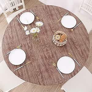 Round Vinyl Fitted Tablecloth with Flannel Backing Elastic Edge Design Table Cover Waterproof Oil-Proof PVC Table Cloth Stain-Resistant Wipeable for 45"-56" Round Table