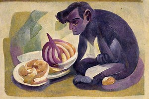 Watch monkeys sit on a man’s lap, and then rub onions all over themselves