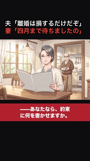 「離婚の時の、財産の分け方も、四月から変わったそうよ」。家のことをした年月も、寄与のうち——法務省の冊子に、そうあった。「隠したお金は、家庭裁判所が、開示を命じられるそうよ」「……隠してなど、いない」「では、このお米は、どなたの株から届いたのかしら？」。夫は、米袋から目をそらした。「私の場合は、先生に伺わないと。でも、もう、急ぐ理由がない」。 「……離婚、するのか？」「しないわ。損だから、しないのではありません。私が、選んだのよ」。離婚できない妻と、離婚しない妻は、違う。夫は、署名の横に判を押した。三日後、財産の一覧。「証券会社が、一つ、抜けていますよ」「……書く」。三十五年で初めて、夫の財産を見た。 翌週の水曜、麺棒とこね鉢が、初めてこの家に来た。「あら。太いのね」「……二年、習ったんだがな」「二年分の、お味ね」。五月の朝、「今日から、私が先に読むわ」。夫は、お茶を淹れはじめた。四月から、私は、選べる妻になった。今日は、選ばない。——明日のことは、明日の朝刊を読んでから。（最終話） ▶ 4/4 #漫画動画 #サレ妻 #熟年夫婦 #浮気 #定年退職