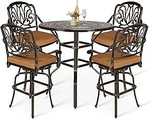 VIVIJASON 5-Piece Patio Swivel Bar Stools Set, All Weather Cast Aluminum Outdoor Bar Height Bistro Set with 4 Cushioned Bar Chairs & 38.5" High Bar Table w/Umbrella Hole for Backyard, Lawn, Garden
