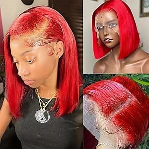 13X4 Straight HD Transparent Red Bob Wig Human Hair,Lace Front Wigs Wear and Go Glueless Wig Human Hair Pre Plucked Pre Cut Bob Hd Lace Frontal Wig with Baby Hair Blunt Cut Red Bob Wig for Women
