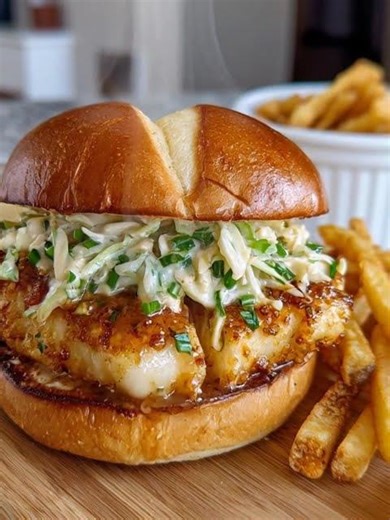 Crispy Fish Sandwich with Old Bay Slaw and Garlic #bonnecuisine #fish #food #easyrecipe #sandwich