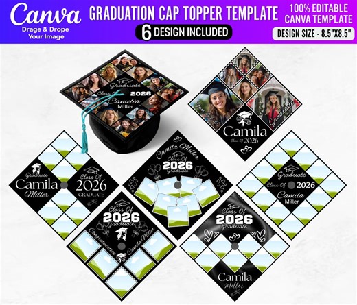 Custom Photo Graduation Cap Topper Template | Class of 2026 Grad Cap Canva Designs | Memory Film Photo Strip Grad 2026 DIY Canva Editable - Etsy