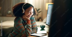 Girl, video call and student with headset, computer and funny with happiness, communication and sound. House, person or comedy podcast with joy, pc and live streaming with internet, smile or listen