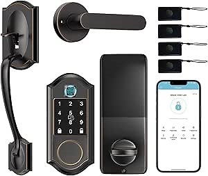 Smart Locks for Front Door, Keyless Entry Door Lock Deadbolt with Handle Set, Front Door Lockset, APP Control, Fingerprint Door Lock with Deadbolt and Adjustable Lever, Oil Rubbed Bronze