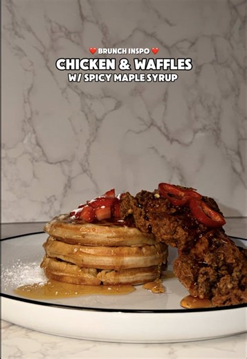 Chicken & Waffles w/ Spicy Maple Syrup 🍗🧇 Ingredients: Buttermilk Fried Chicken: 4 boneless skinless chicken thighs 2 cups buttermilk 1 tsp kosher salt ½ tsp black pepper ½ tsp garlic powder ½ tsp smoked paprika Seasoned Flour: 1½ cups all-purpose flour 1 tsp kosher salt ¾ tsp black pepper 1½ tsp garlic powder 1½ tsp onion powder 2 tsp smoked paprika ½ tsp chicken bouillon ½ tsp cayenne (optional) Buttermilk Waffles: 2 cups all-purpose flour 1 tbsp baking powder ½ tsp salt 2 tbsp sugar 2 large