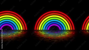 Rainbow 2d Animation. Cartoon Rainbow Animated On Black Background. Rainbow Color Shape, Rainbow With Reflection Floor