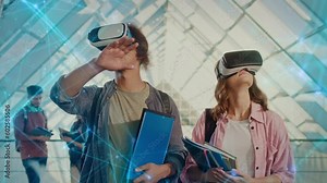 Students Wearing VR Headsets. Virtual Reality Learning Concept. Robotization of Learning. Digital Education. Innovations in Education Future Technologies. Interactive Learning. Virtual Simulations