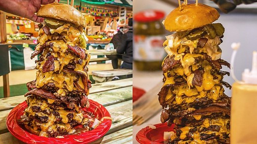 1.8M views · 27K reactions | If you manage to beat the record on this thing, not only is it free, not only do you get a sweet t-shirt, but they name the damn thing after you! Who remembers my trip to Beast Burger many moons ago? This sucker has been lovingly referred to as 'The Beard Burger' on their menu for almost a year now! 20 burgers, 20 slices of bacon and 40 slices of cheese...Who's having a pop at my record once lockdown is over? | Beard Meats Food | Facebook