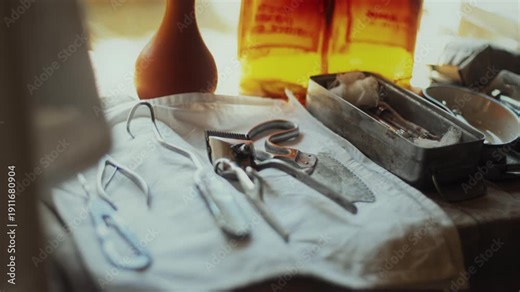 Field surgery preparation inside World War II military medical tent during reenactment. Arrangement of historical medical tools on sterile white sheet. Bone saw, forceps, and clipper. WWII military fi